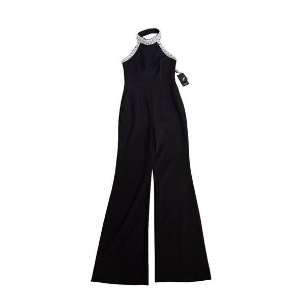 NWT Adrianna Papell Womens Pearl Beaded High Halter Formal Jumpsuit Black Size 0 - Picture 1 of 16